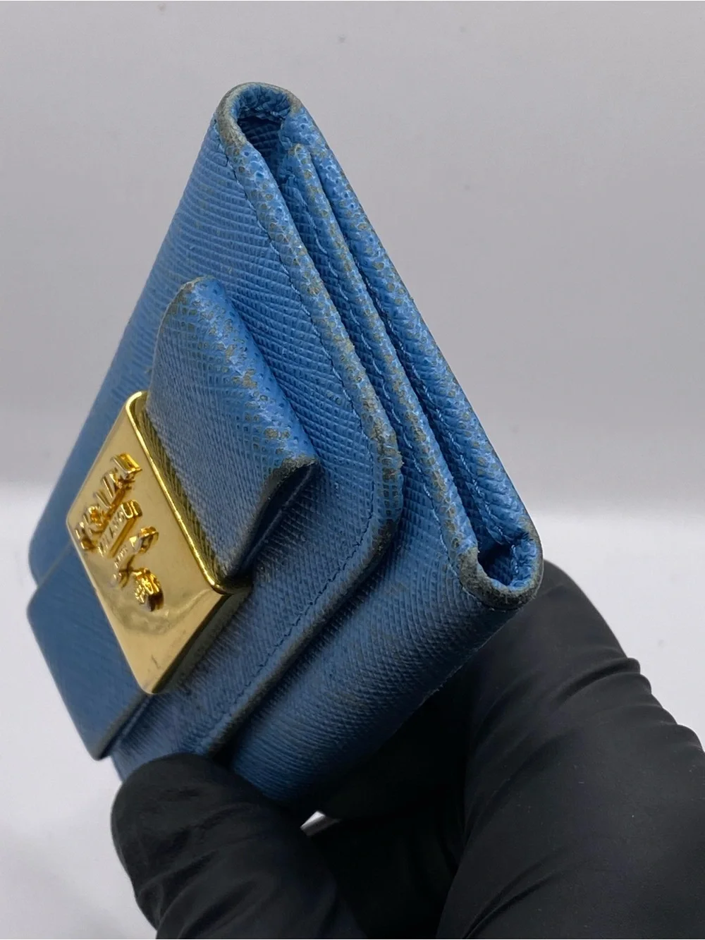 Prada Light Blue Saffiano Leather Card Holder with Gold Plaque